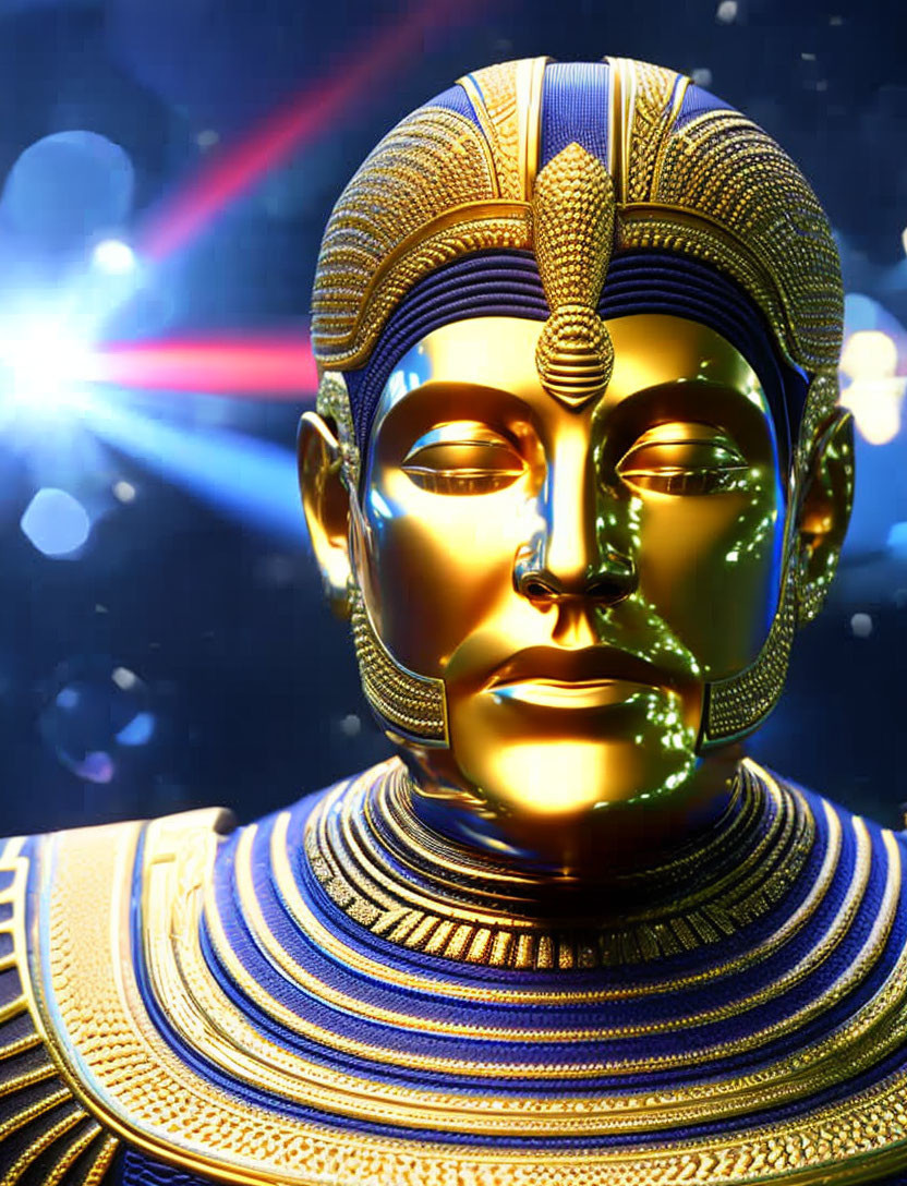 Detailed golden pharaoh-like figure in cosmic setting with stars and light rays.