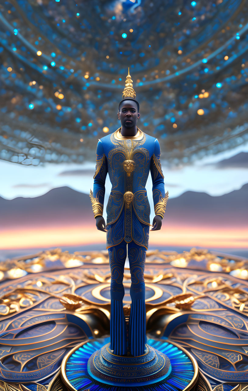 Man in Blue and Gold Suit on Ornate Golden Platform with Futuristic Landscape