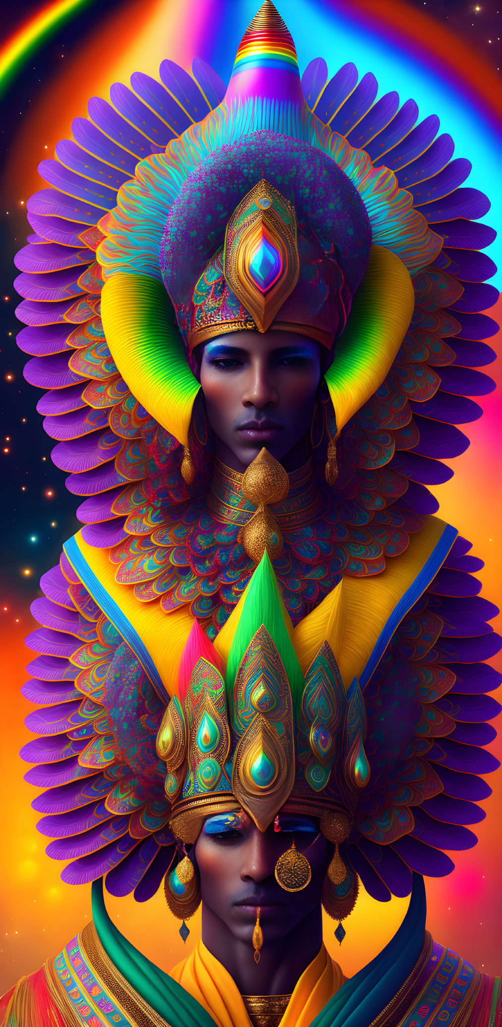 Colorful digital portrait of a person with peacock feather-like headdress on cosmic backdrop.