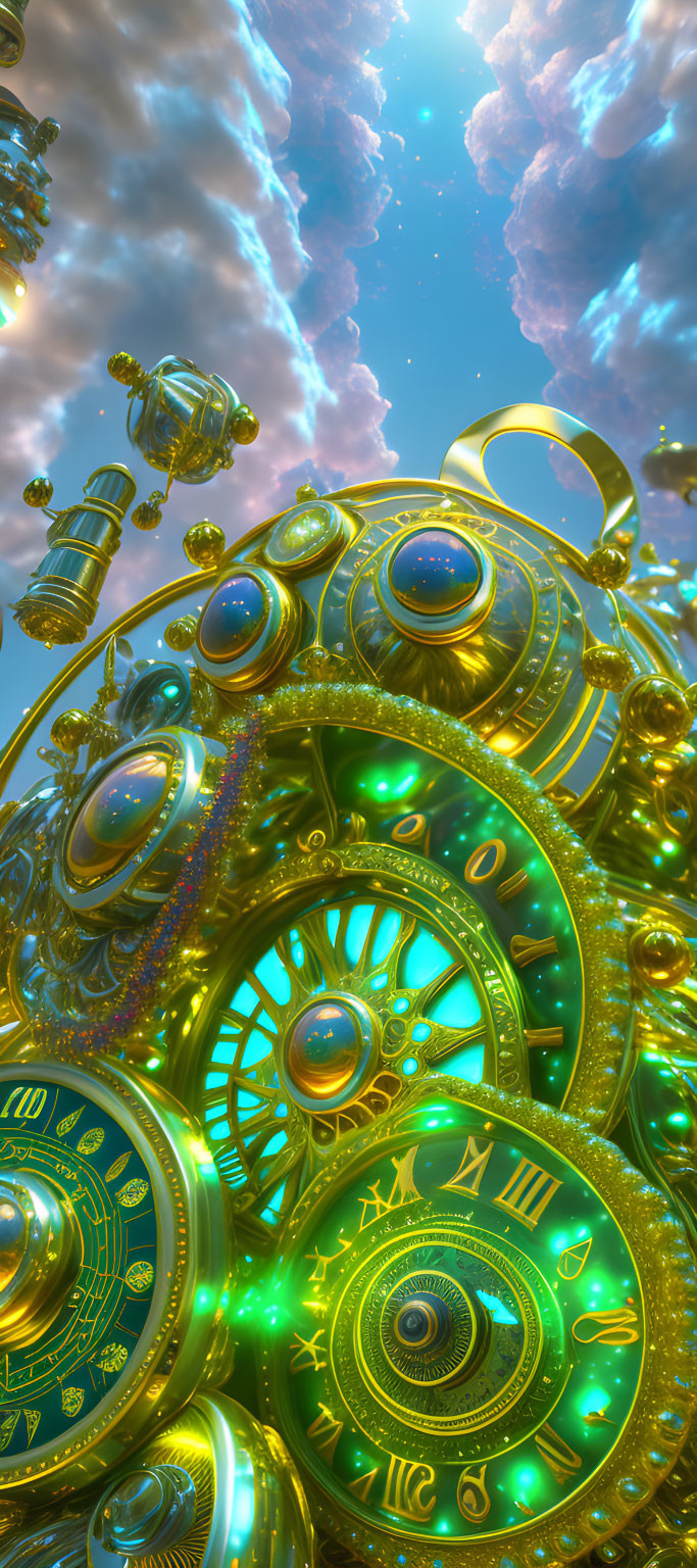 Detailed Golden Clockwork Structure Against Blue Sky and Clouds