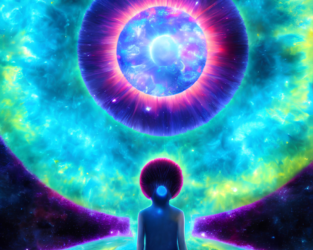 Person meditates in cosmic setting with vibrant colors and celestial patterns