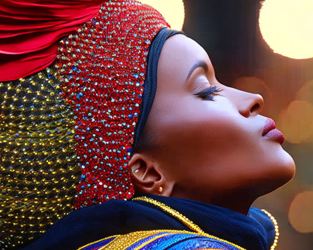 Portrait of Woman in Red Feather Headwear and Beadwork Against Blurred Lights