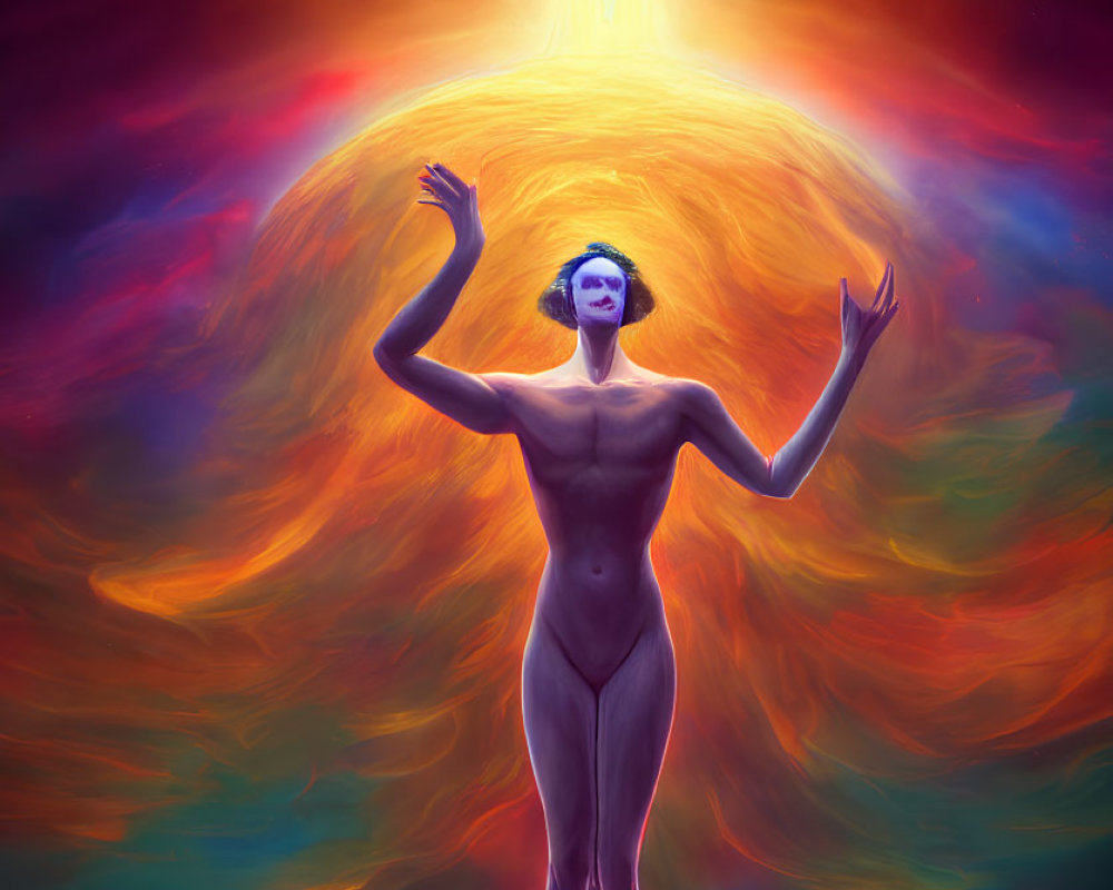 Surreal nude figure in blue skin reaching towards ethereal entity in vibrant nebula