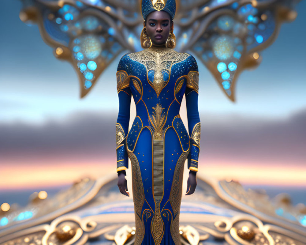 Regal figure in blue and gold ornamental attire on platform at dusk