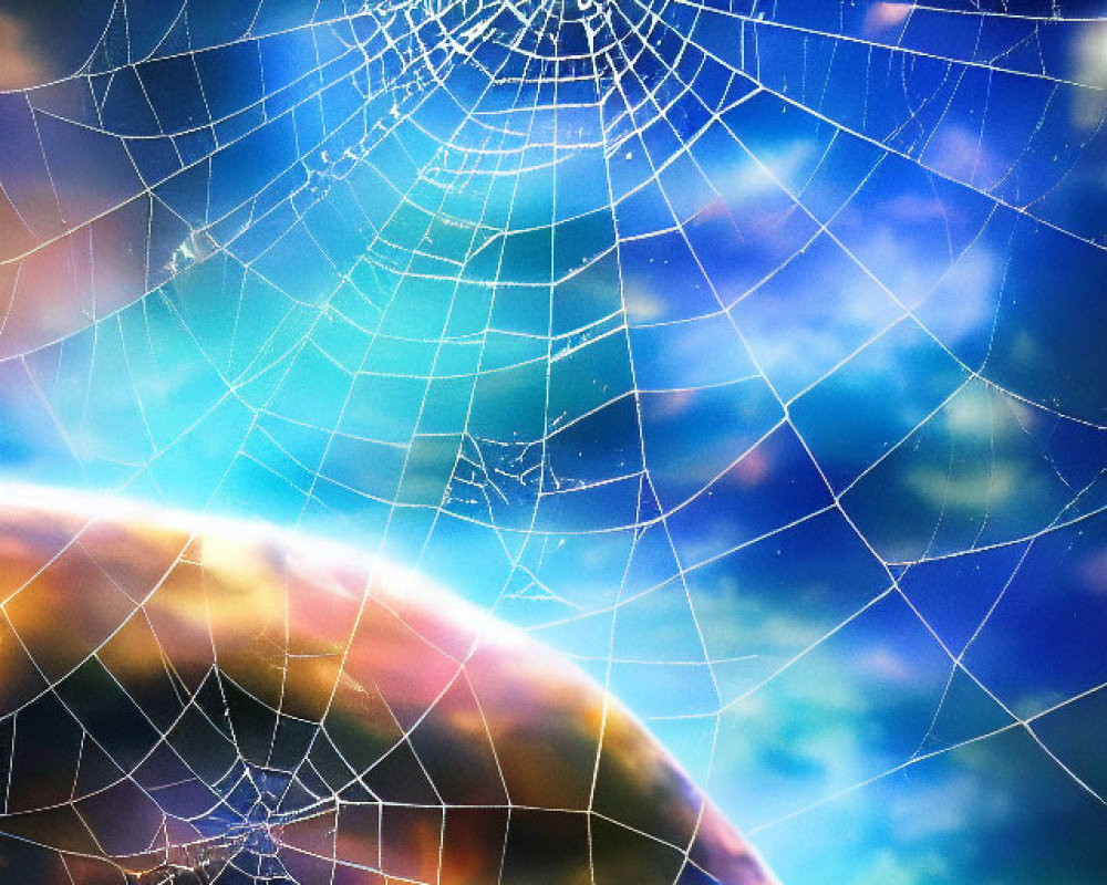 Vibrant spider web against colorful outer space backdrop