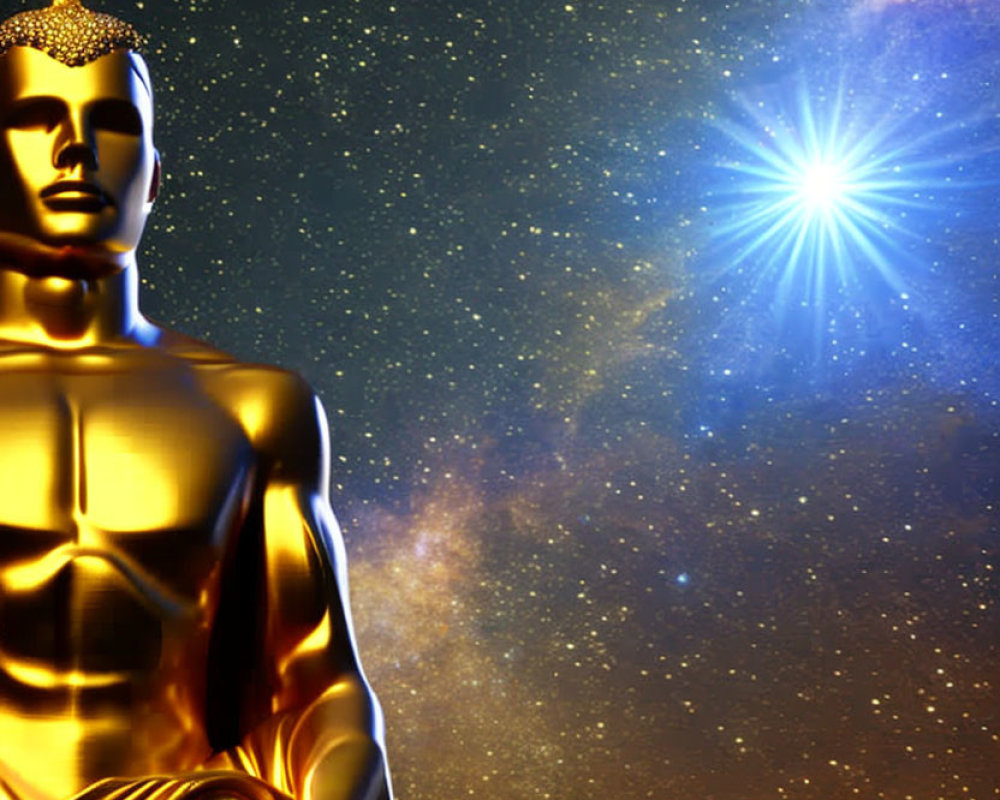 Golden Seated Figure Statue with Cosmic Background