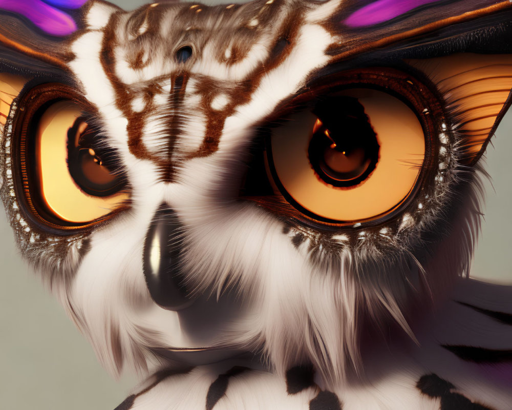 Detailed Stylized Owl Illustration with Orange Eyes and Purple Accents