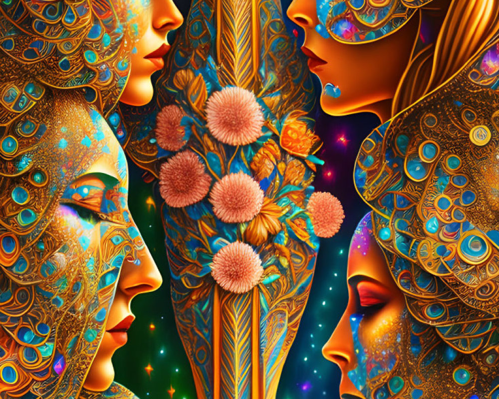 Colorful Abstract Artwork: Ornate Female Faces with Floral and Cosmic Elements