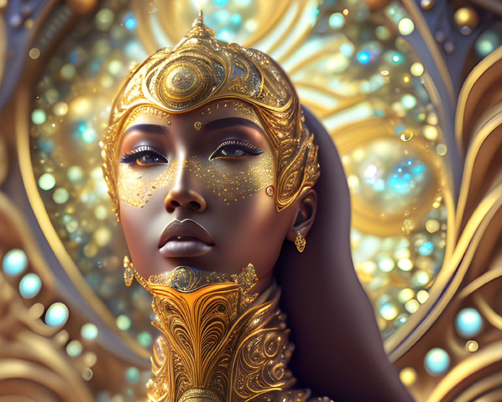 Regal figure with golden skin and ornate headdress and armor against luminous mandala background