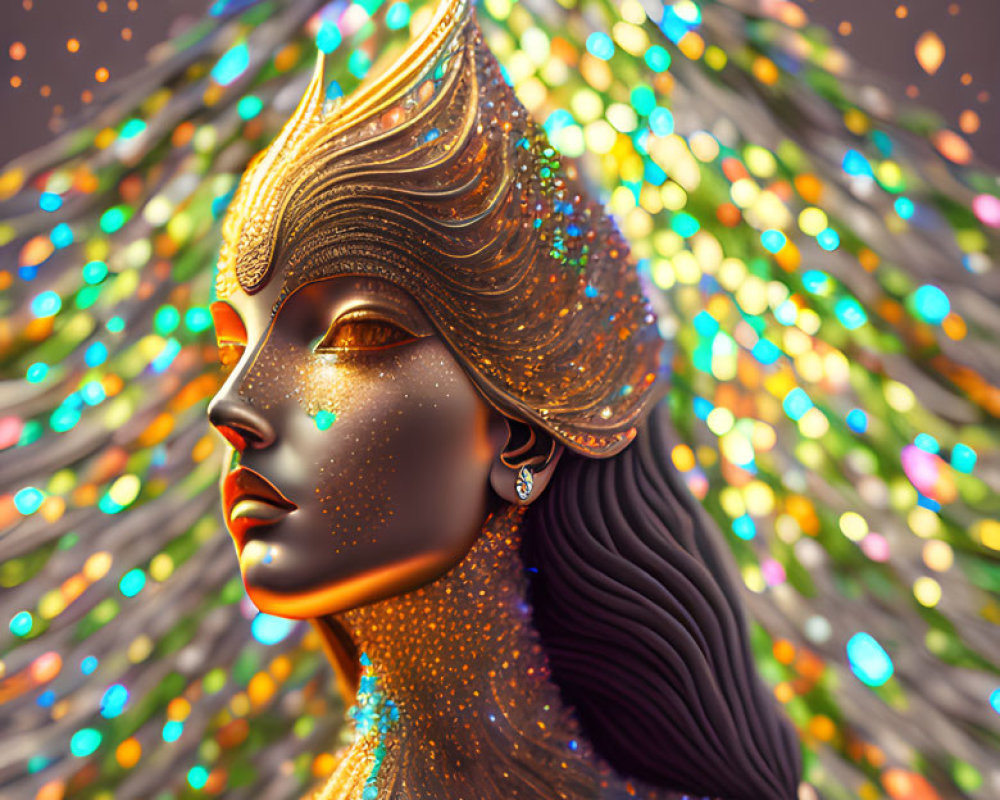 Stylized woman in golden armor against colorful futuristic backdrop