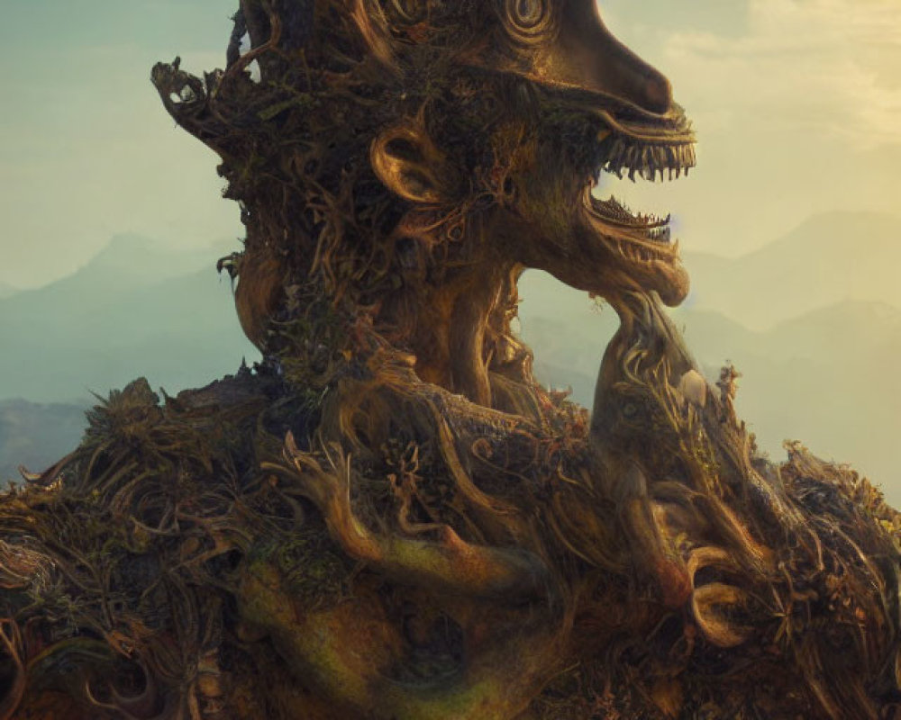 Fantastical living tree creature portrait with intricate bark texture and foliage against mountain backdrop