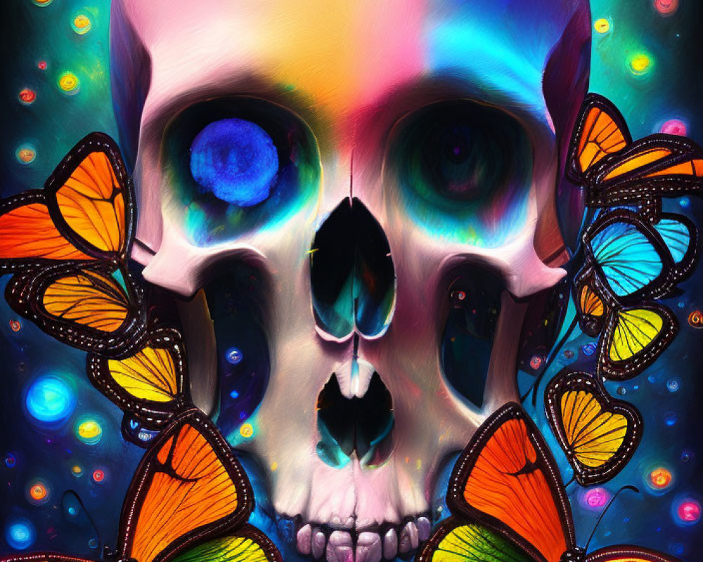 Colorful skull with blue eye and butterflies on cosmic backdrop