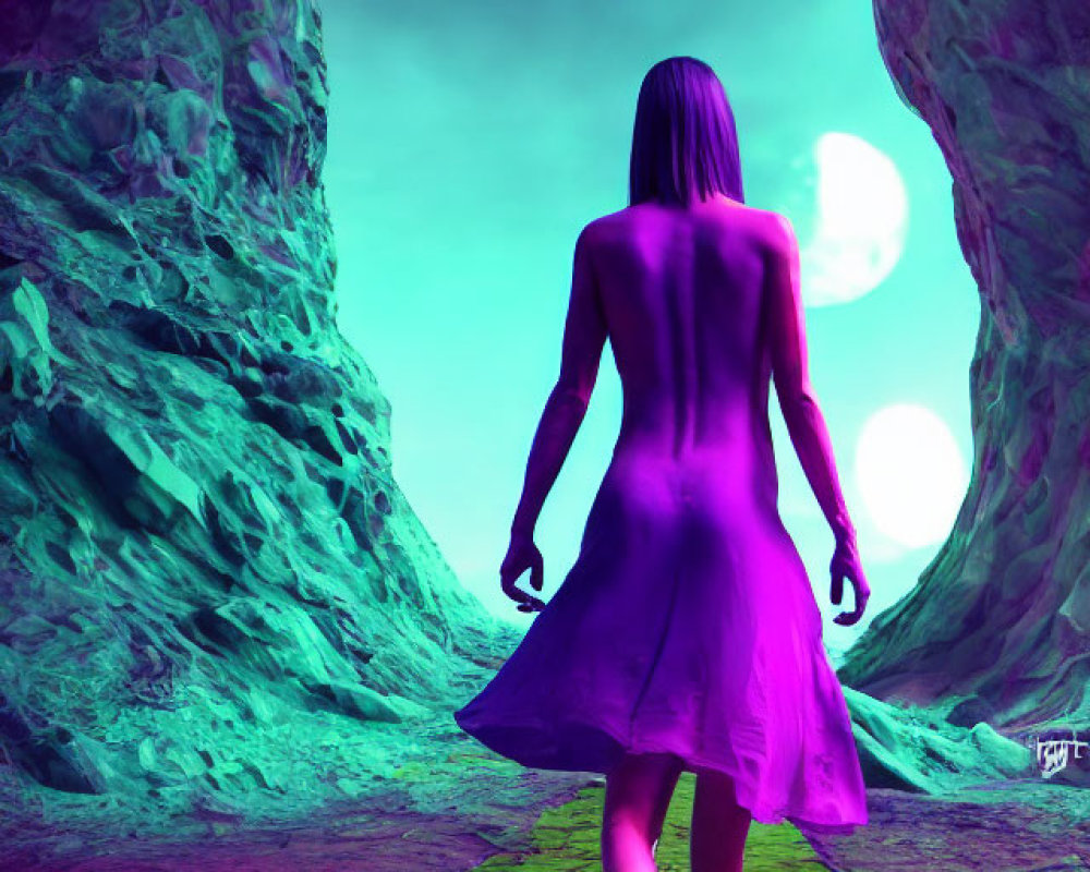 Woman in Purple Dress Walking Towards Bright Cave Exit with Mysterious Landscape and Two Moons