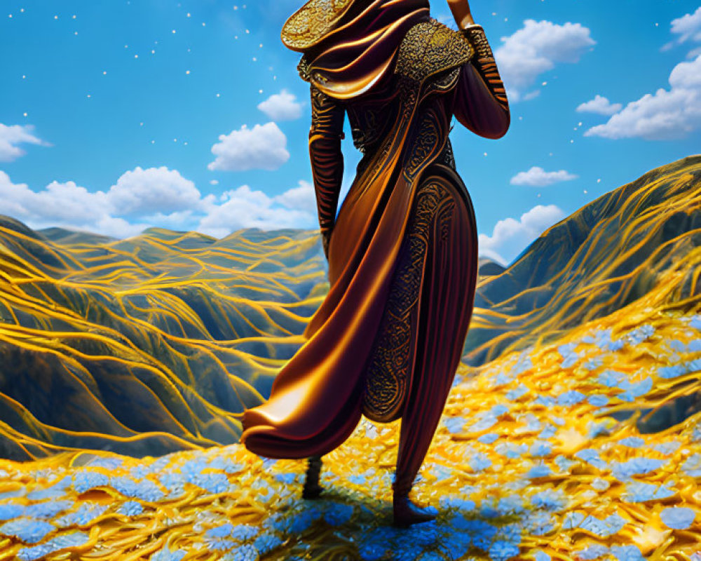 Cloaked figure in surreal landscape with golden fields and cosmic orb