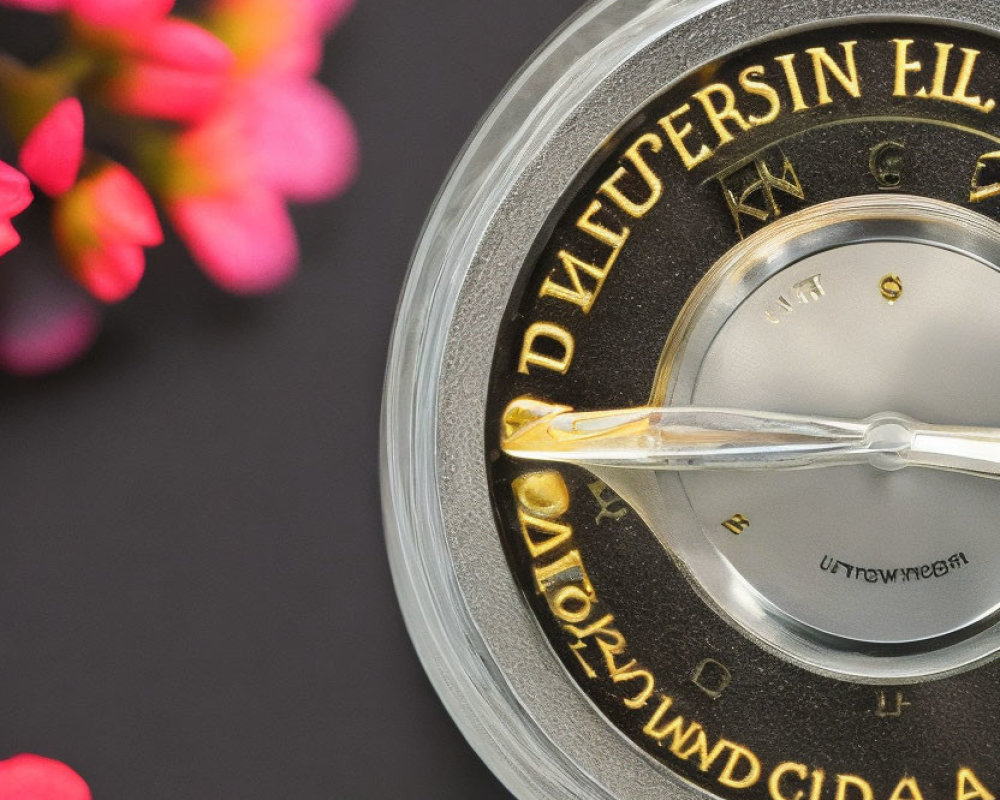 Gold Needle Compass on Grey Background with Pink Flowers