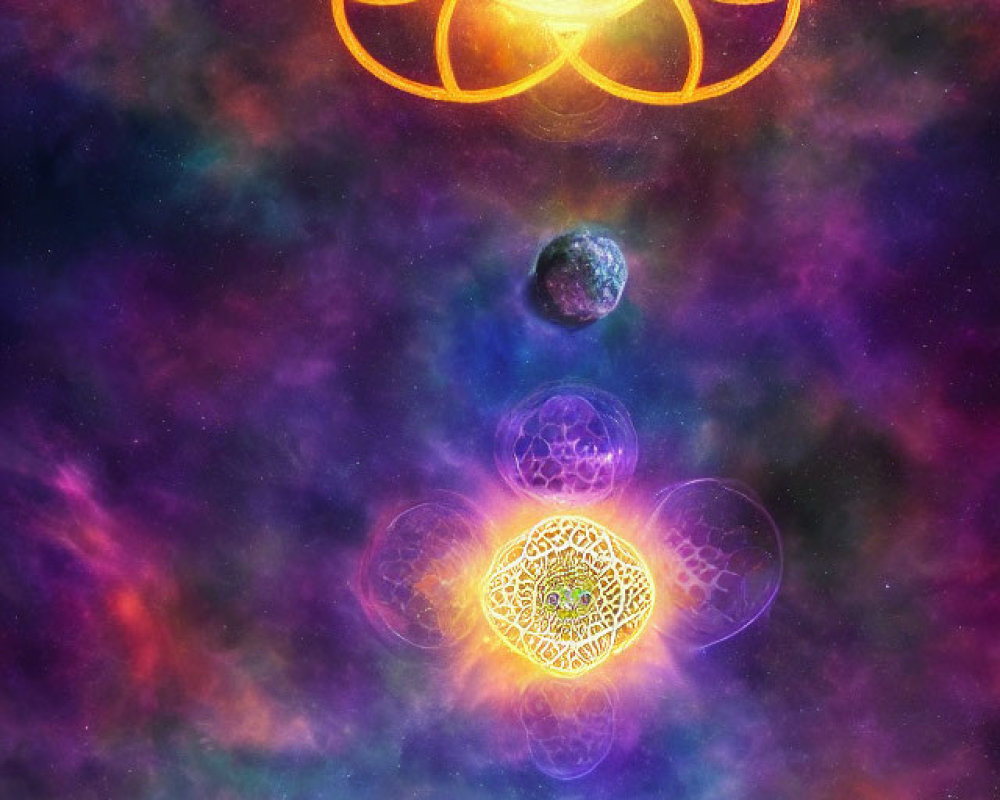 Colorful cosmic scene with intricate golden patterns and celestial bodies in purple and blue.