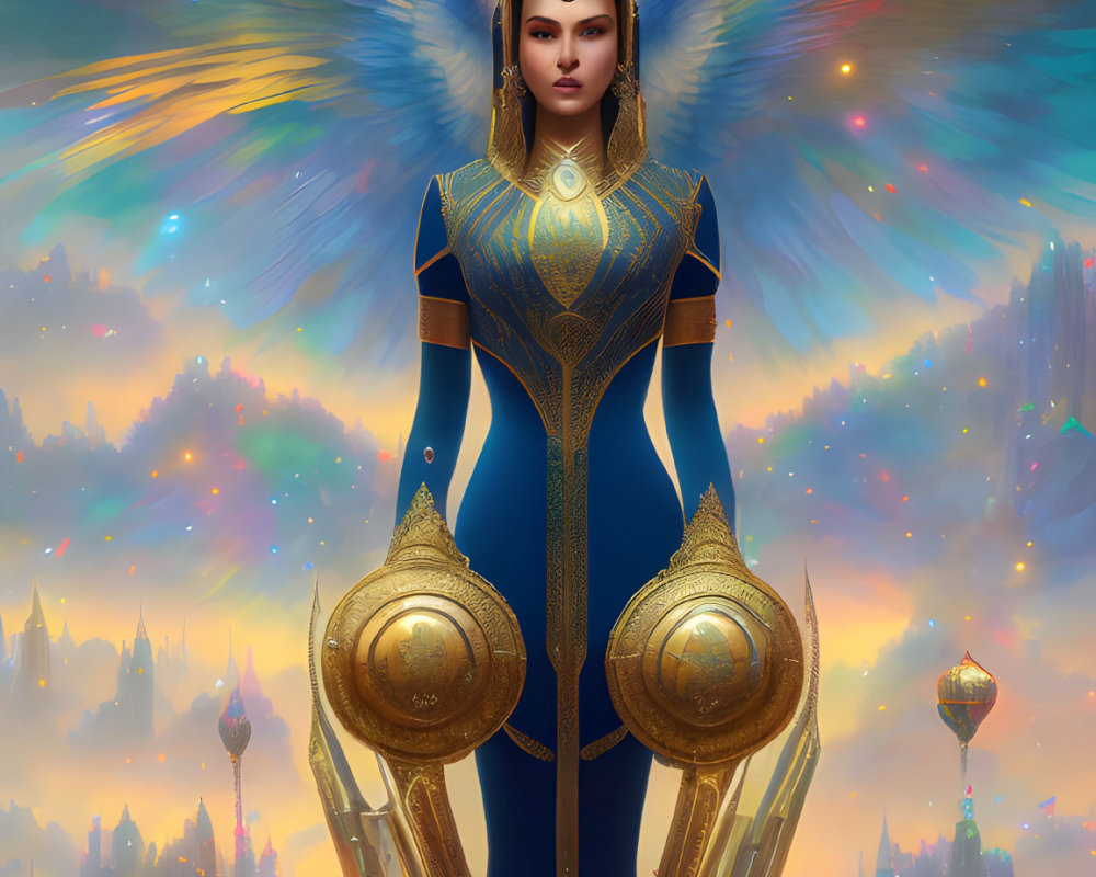 Female warrior in golden and blue armor against fantastical city backdrop