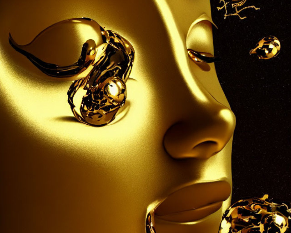 Golden abstract face with smaller figures on shiny black background