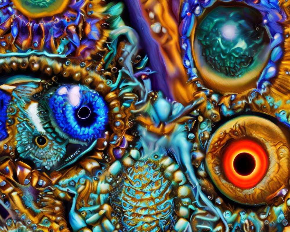 Colorful abstract digital artwork with organic patterns and eye-like structures.