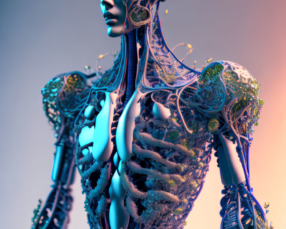 Detailed Cyborg with Circuit Patterns on Gradient Background