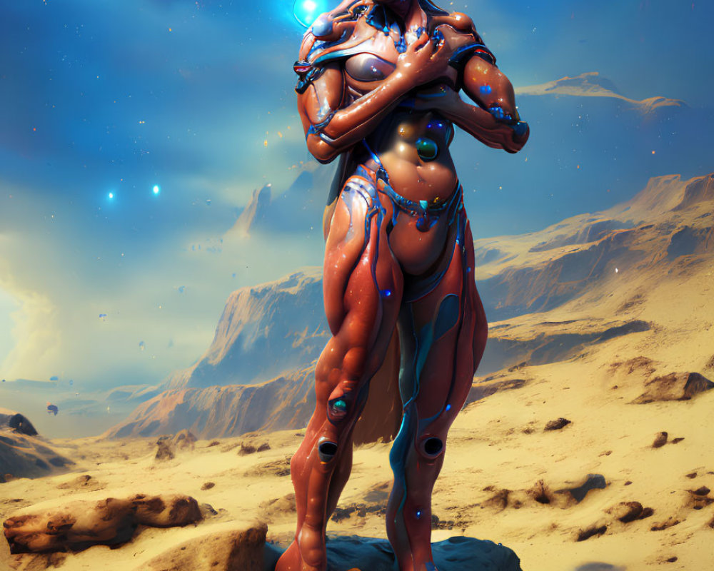 Futuristic muscular android with glowing blue elements on alien terrain