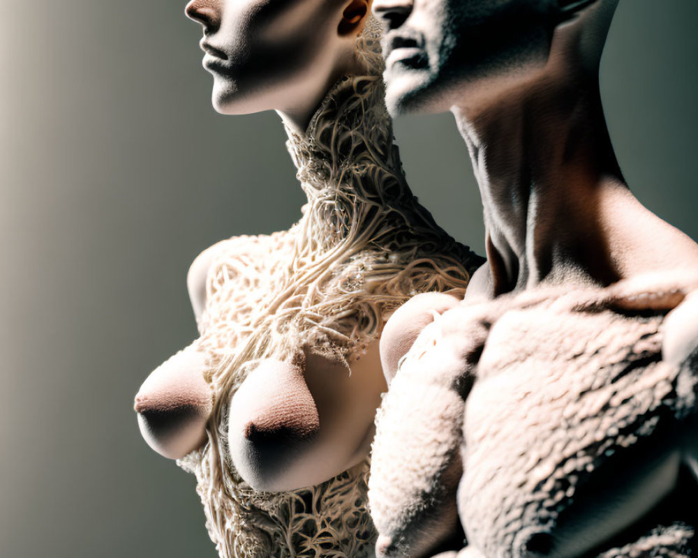 Artistic statues of human figures with intricate textures, one in profile and the other facing away.