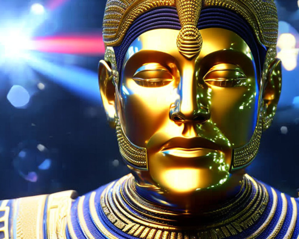 Detailed golden pharaoh-like figure in cosmic setting with stars and light rays.