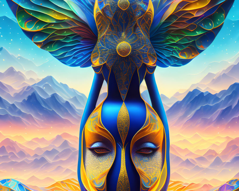 Colorful digital artwork of serene face with intricate patterns and feathers against mountain backdrop