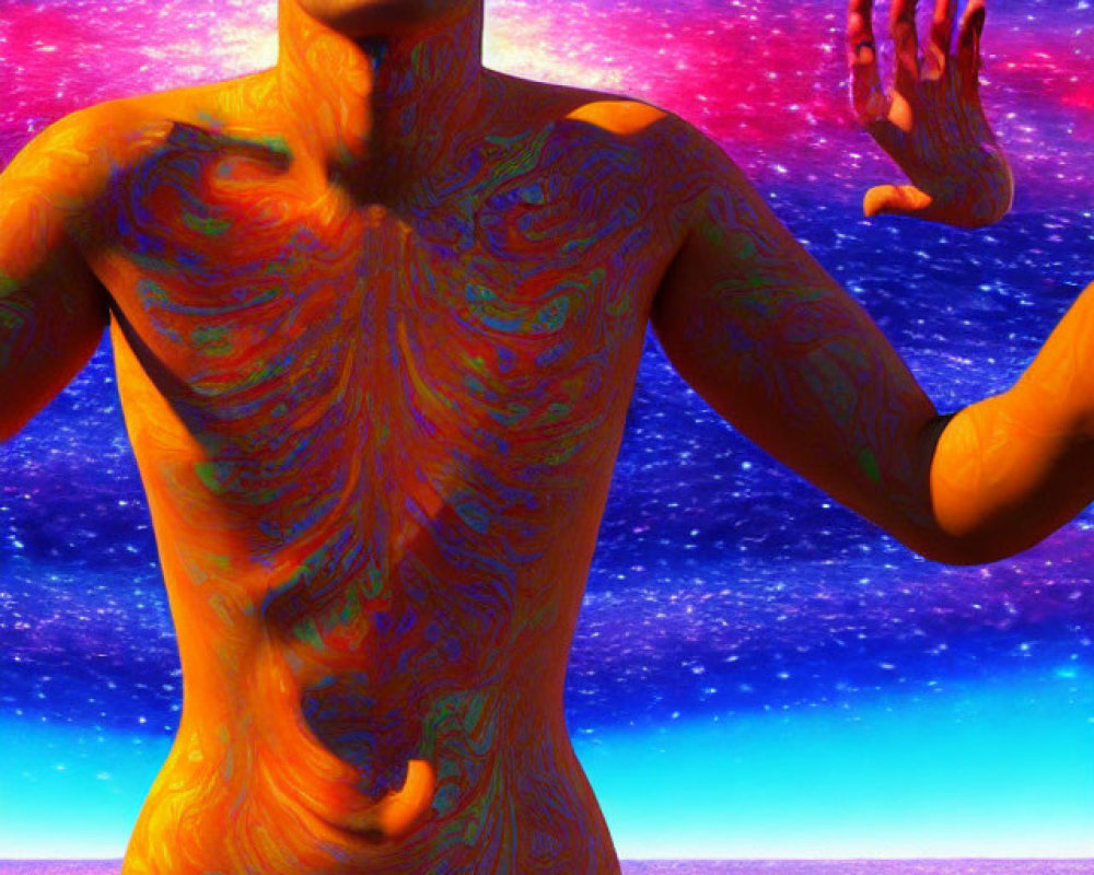 Bald humanoid with orange patterns against cosmic backdrop