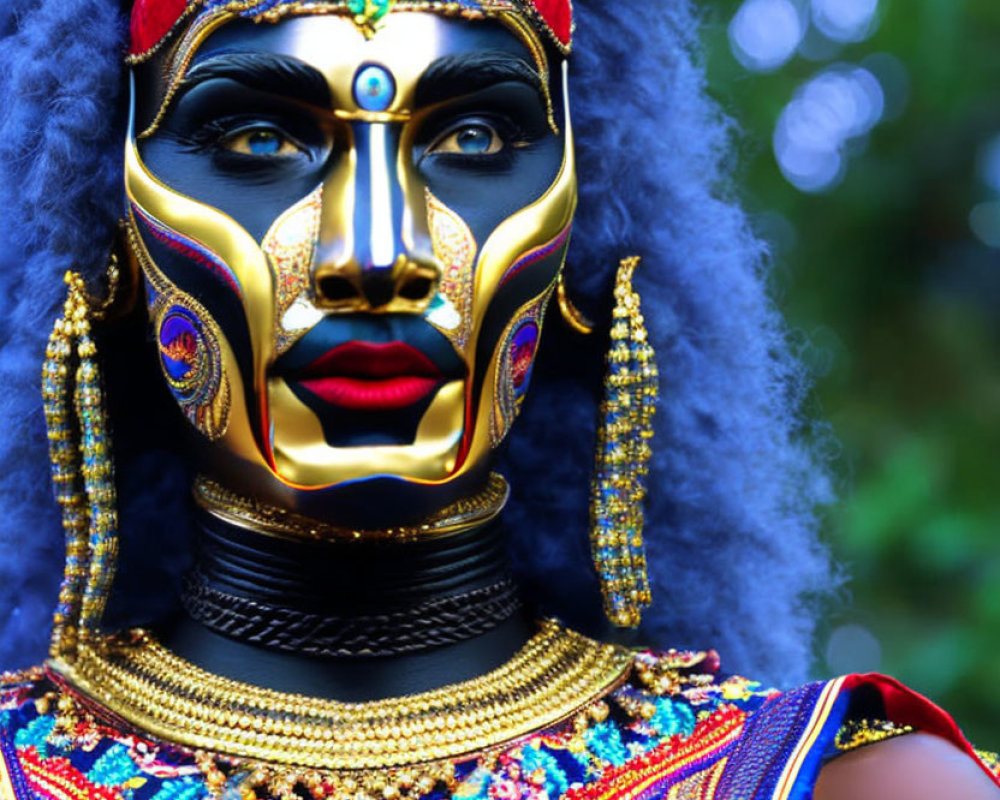 Vibrant traditional costume with golden mask and detailed makeup