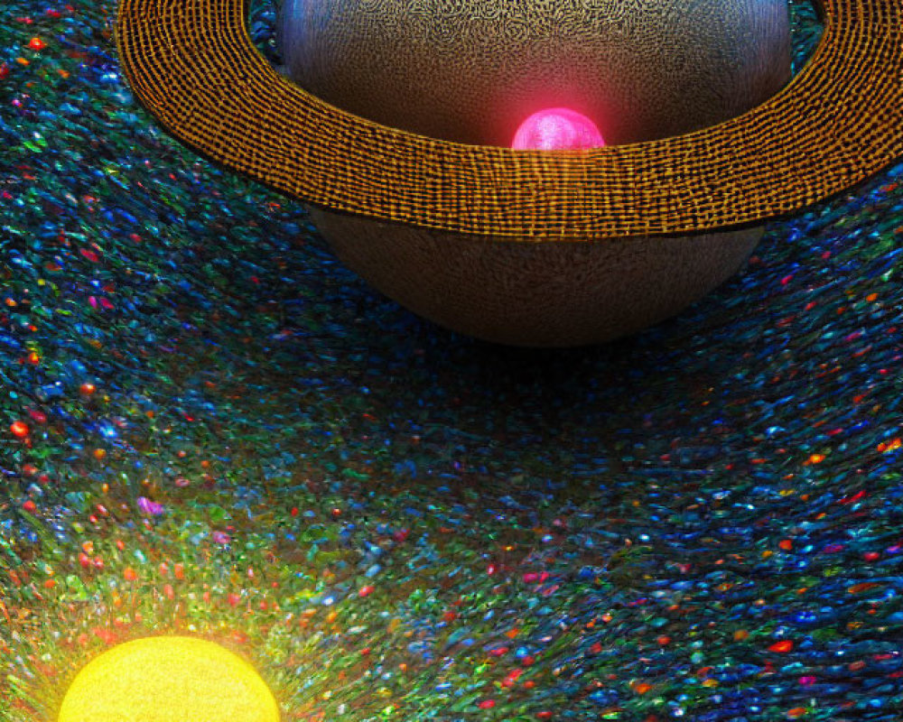 Textured sphere with ring floating above colorful surface with bright orb light