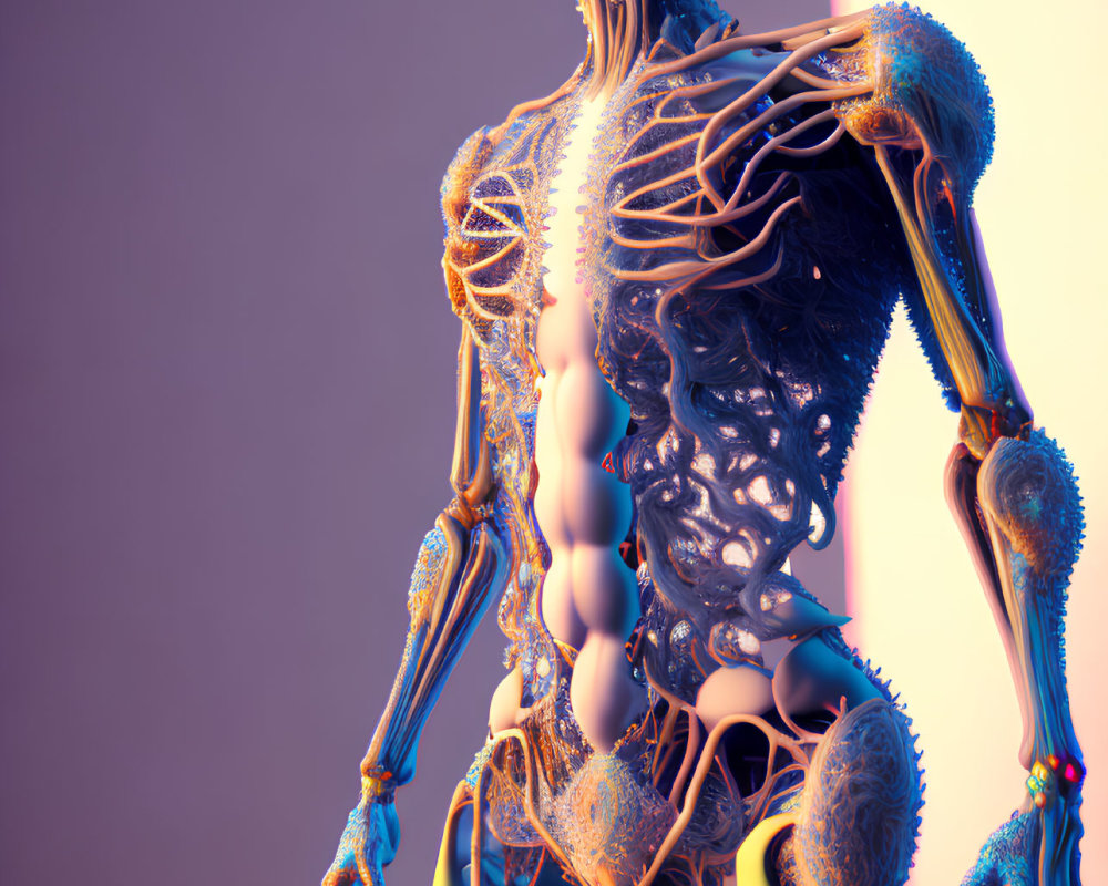 Detailed 3D Humanoid Figure with Translucent Anatomy on Gradient Background