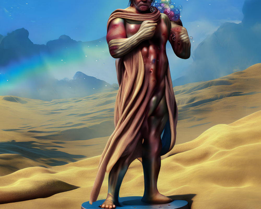 Muscular man in toga on desert pedestal with rainbow and cosmic swirl