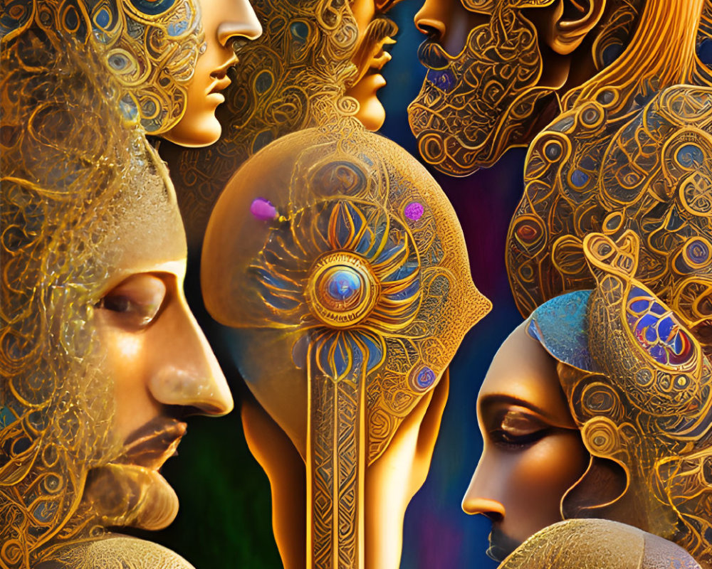 Intricately-patterned digital artwork with stylized faces in profile