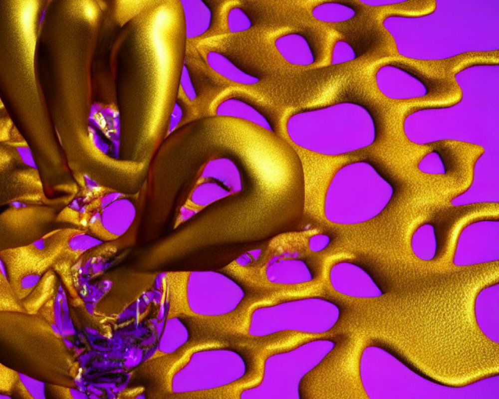 Abstract golden humanoid figure on mesh structure against purple background