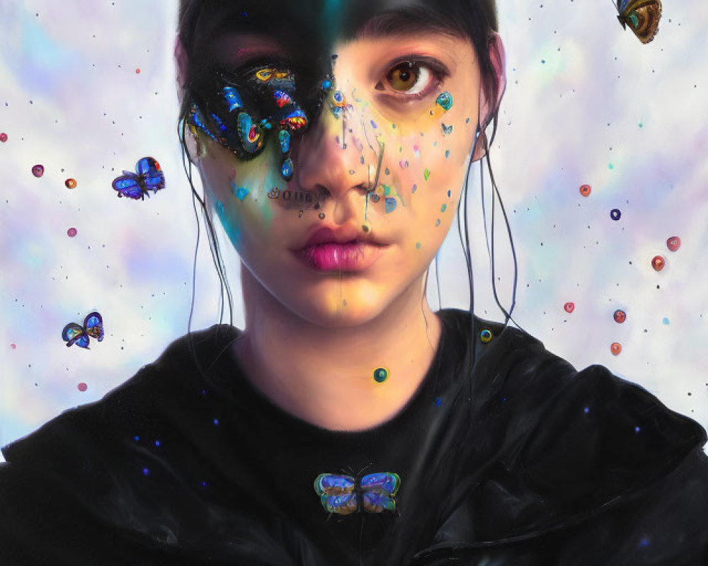 Person with Galaxy Face Paint Surrounded by Butterflies in Mystical Setting