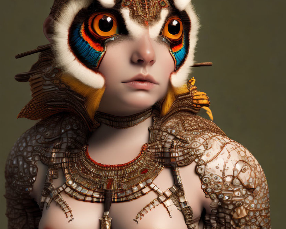 Fantasy creature with owl-like face in ornate jewelry and crown.