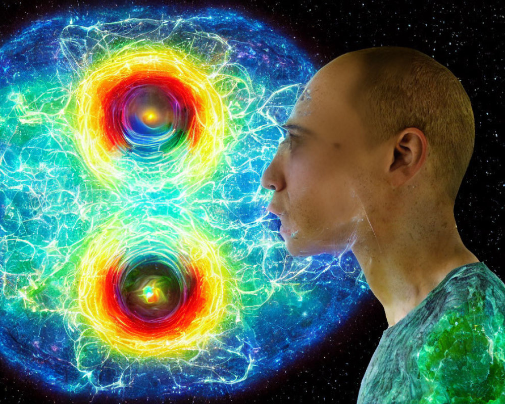 Profile of person exhaling colorful fractals in cosmic background