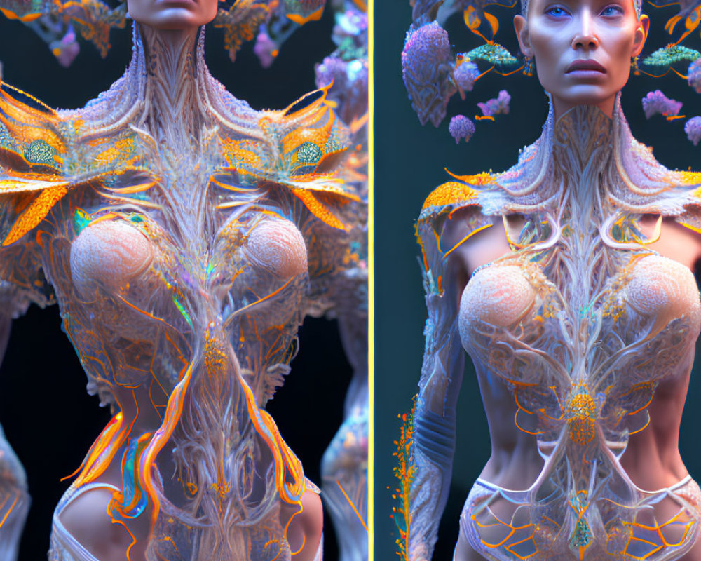 3D illustration: Female figure with coral-like adornments on shoulders, cool-toned backdrop