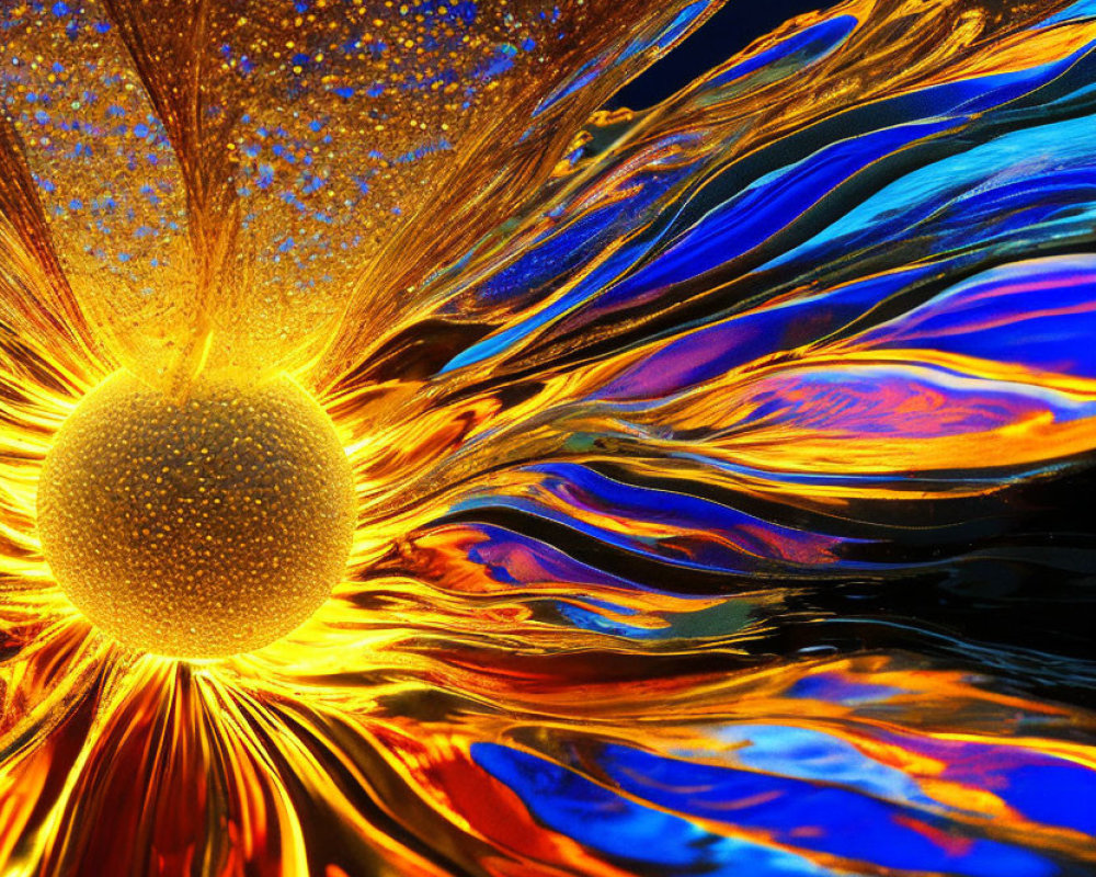 Abstract art: Luminous golden sphere with fiery wavy patterns