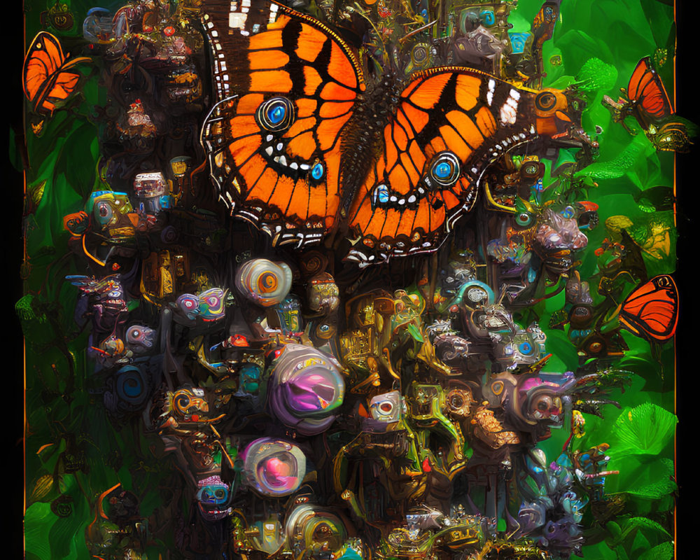 Colorful digital collage featuring large orange butterfly and whimsical creatures, mechanical parts, and lush foliage.