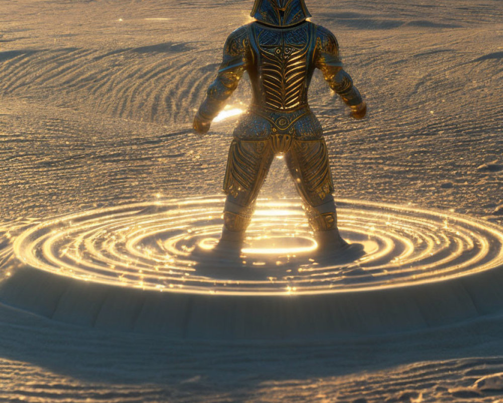 Golden figure in ornate suit on glowing symbol in snow under sunset sky