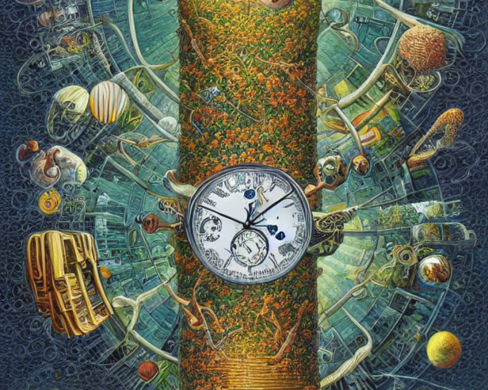 Surreal artwork: Golden tower with clock face, staircase, floating objects in cosmic backdrop