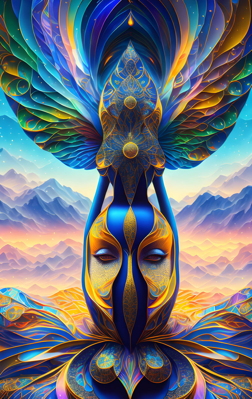 Colorful digital artwork of serene face with intricate patterns and feathers against mountain backdrop