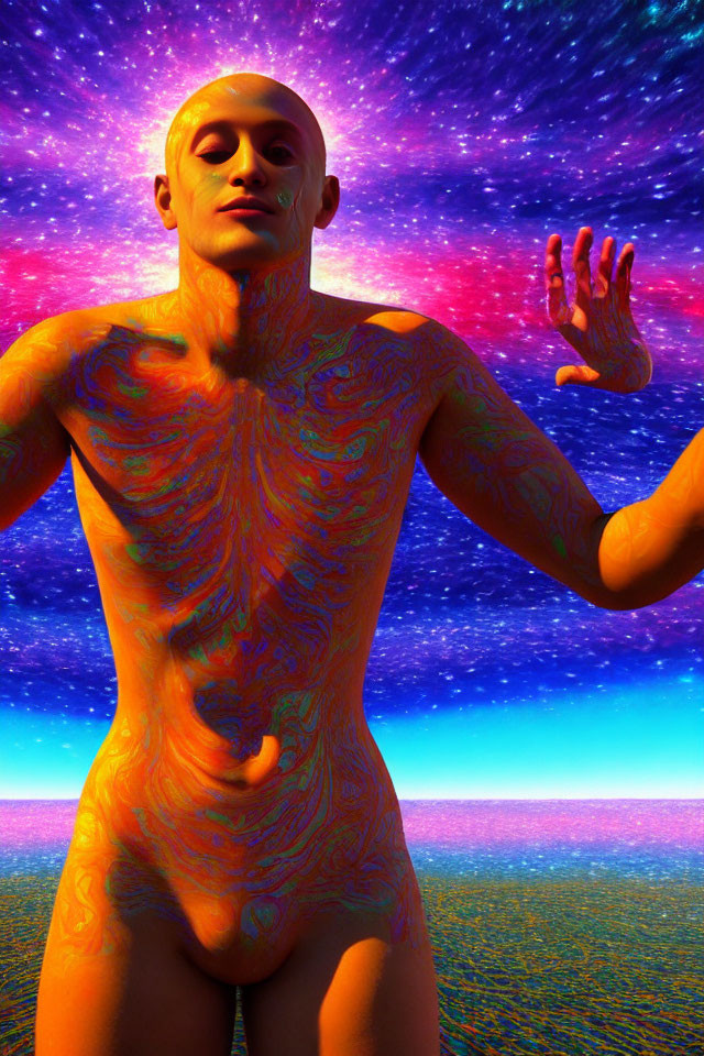 Bald humanoid with orange patterns against cosmic backdrop