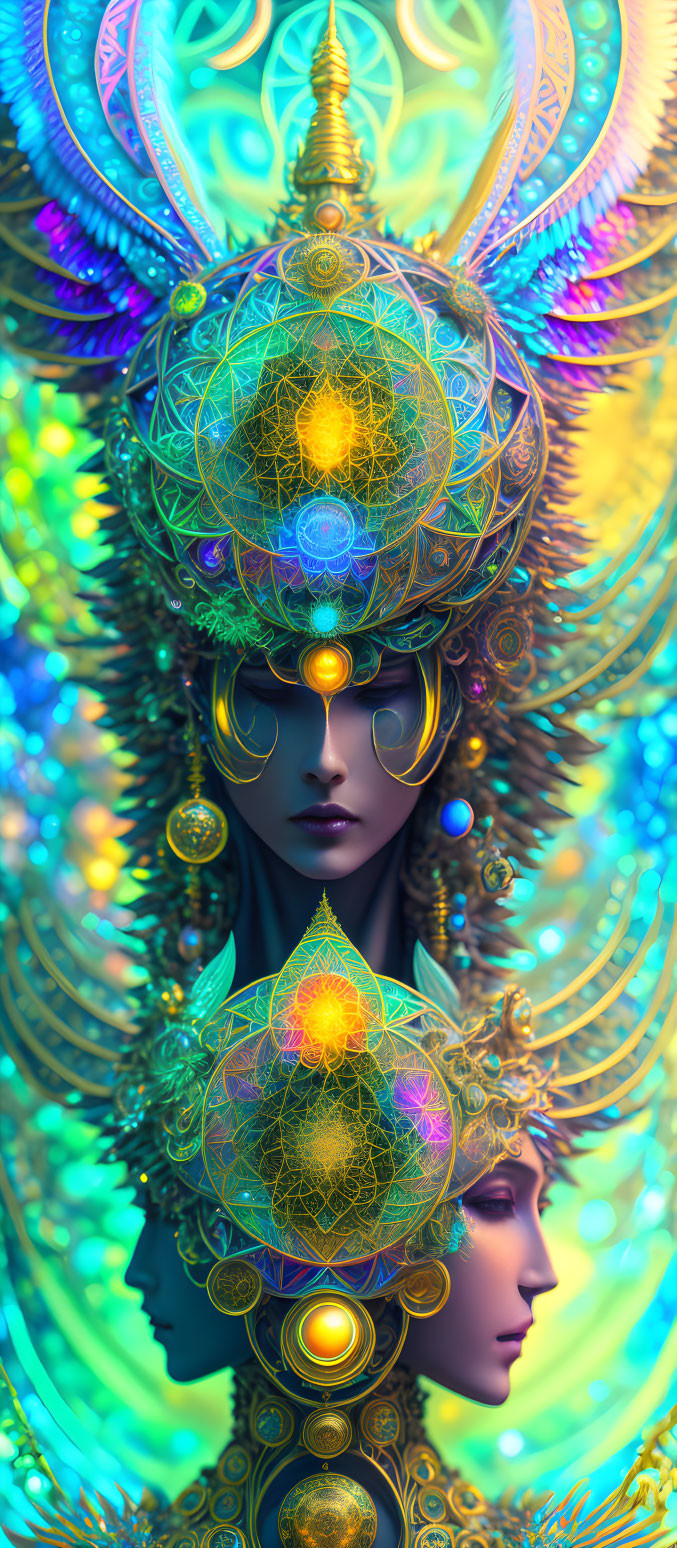 Vividly colored headdresses with geometric patterns on figures in digital artwork