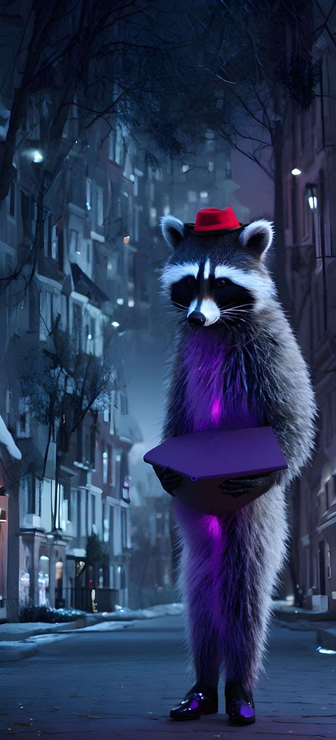 Anthropomorphic raccoon in red hat with pizza box on snowy city street