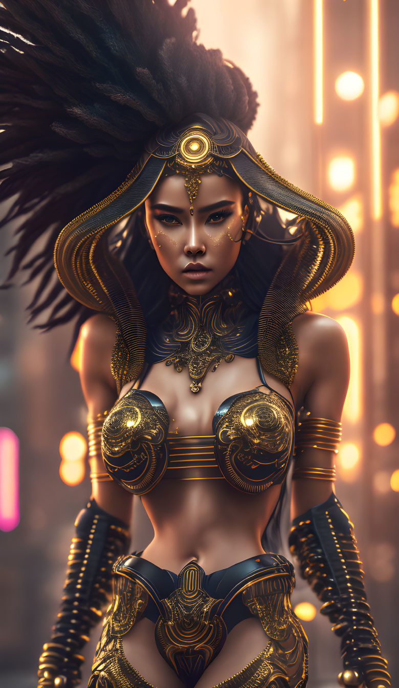 Digital artwork: Woman in gold armor with elaborate headdress in futuristic cityscape