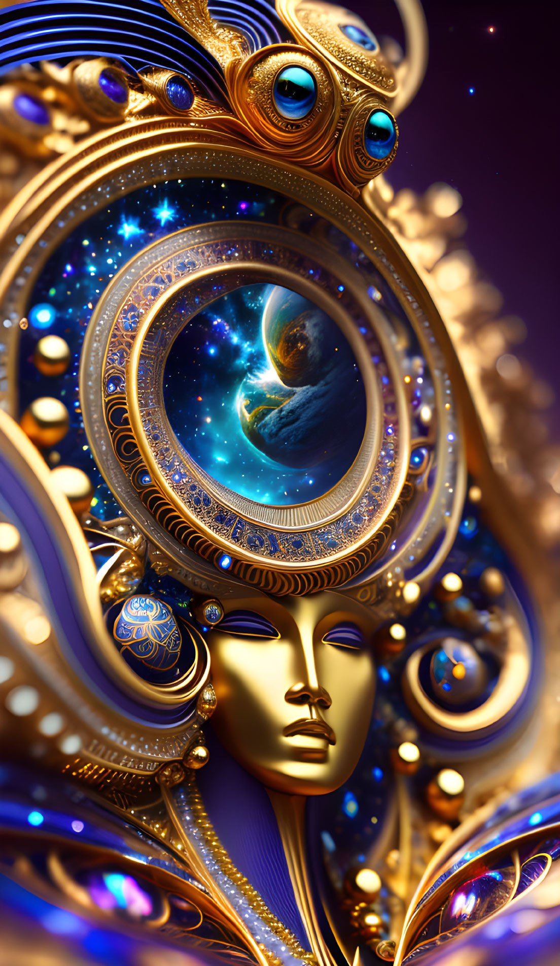 Golden Humanoid Face with Celestial Jewelry and Galaxy Design