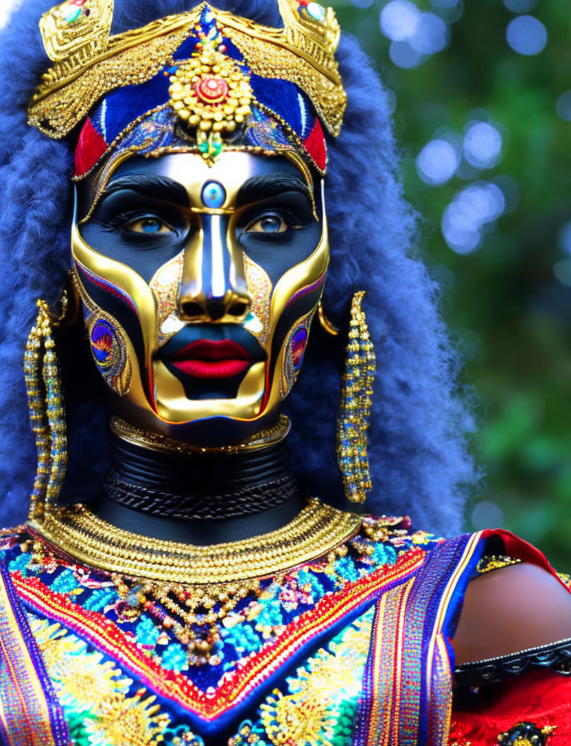 Vibrant traditional costume with golden mask and detailed makeup